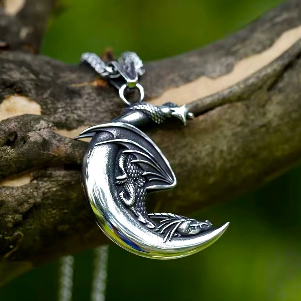 925 Sterling Silver Dragon Sleeping On Moon NO FADE Necklace Viking Biker Goth